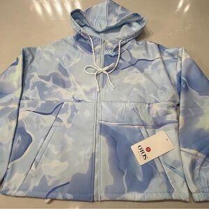 NWT OTOS Abstract Blue White Fleece Full Zip Hooded Hoodie Sweatshirt, M